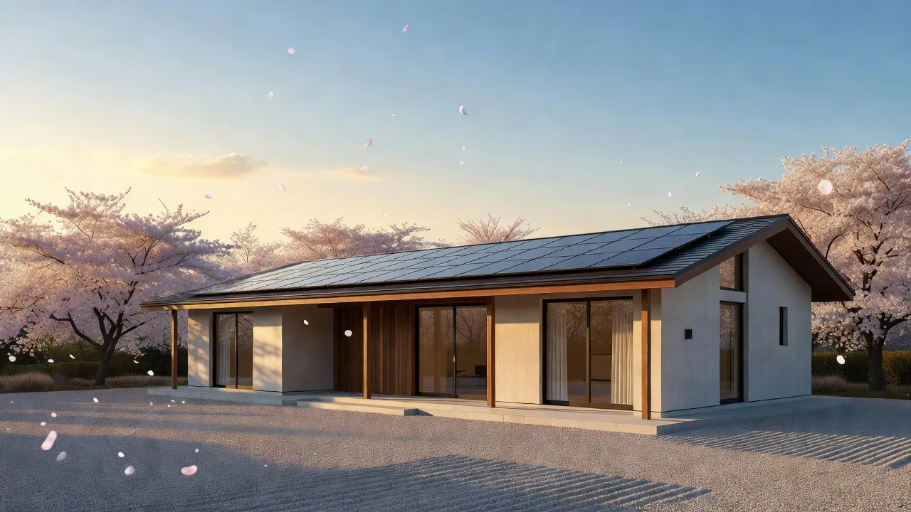 朝日に照らされる、太陽光パネルを備えた平屋の住宅(イメージ)