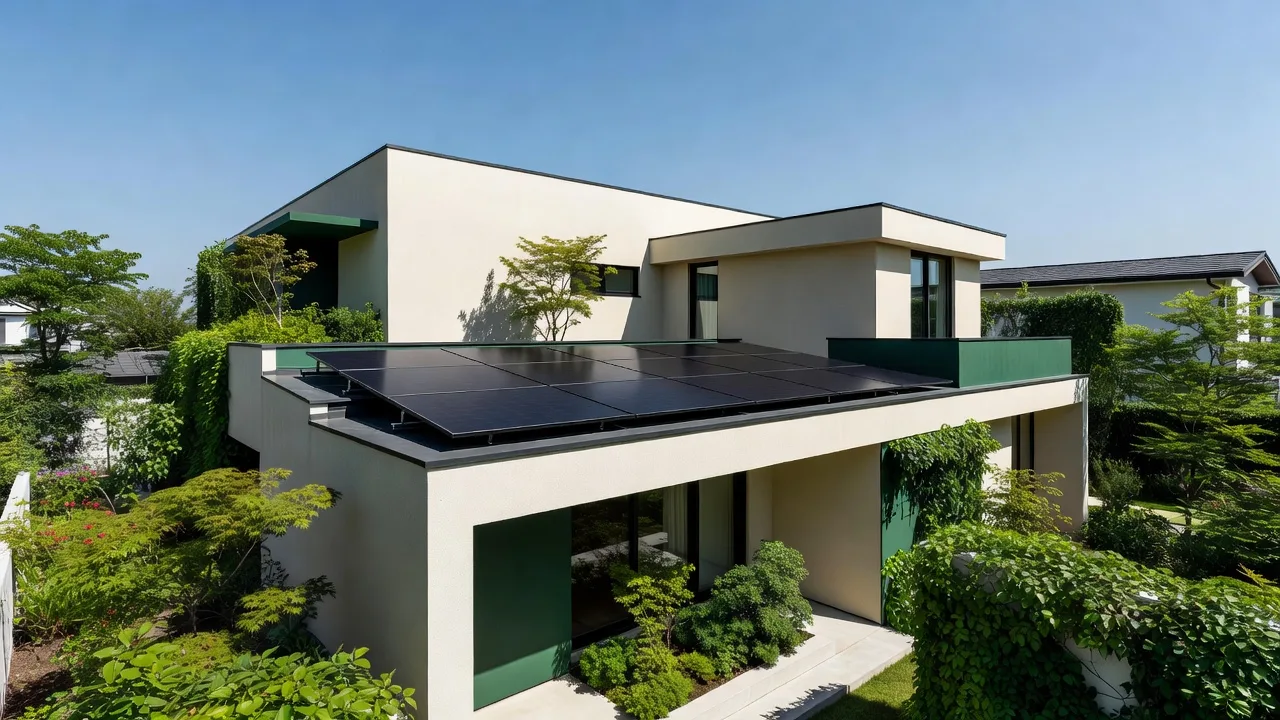 緑に囲まれた住宅の屋根に載る太陽光パネル(イメージ)