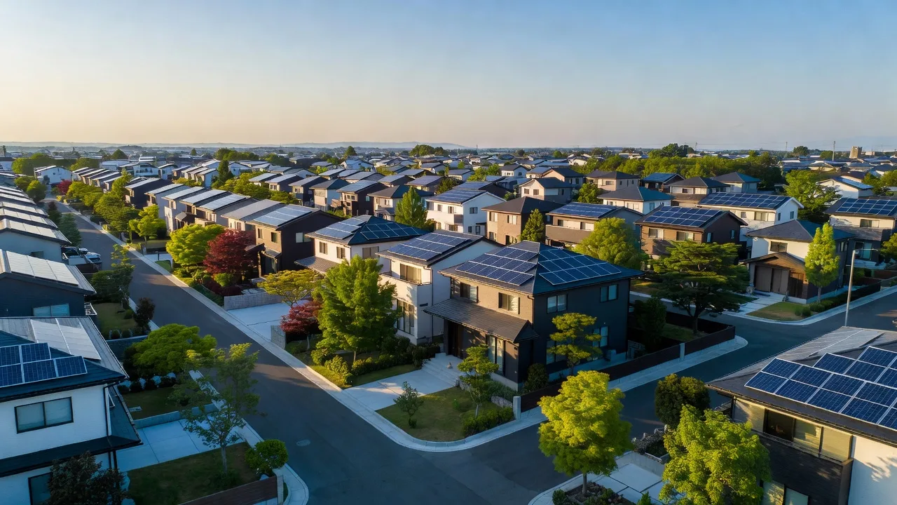郊外の住宅街を上空から見た、太陽光パネルを載せた屋根(イメージ)